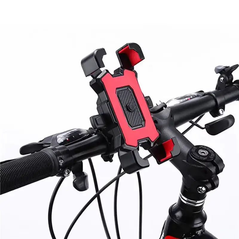 support de téléphone pour vélo réglable rotatif à 360° en rouge et noir, avec surface de préhension texturée sur le guidon.
