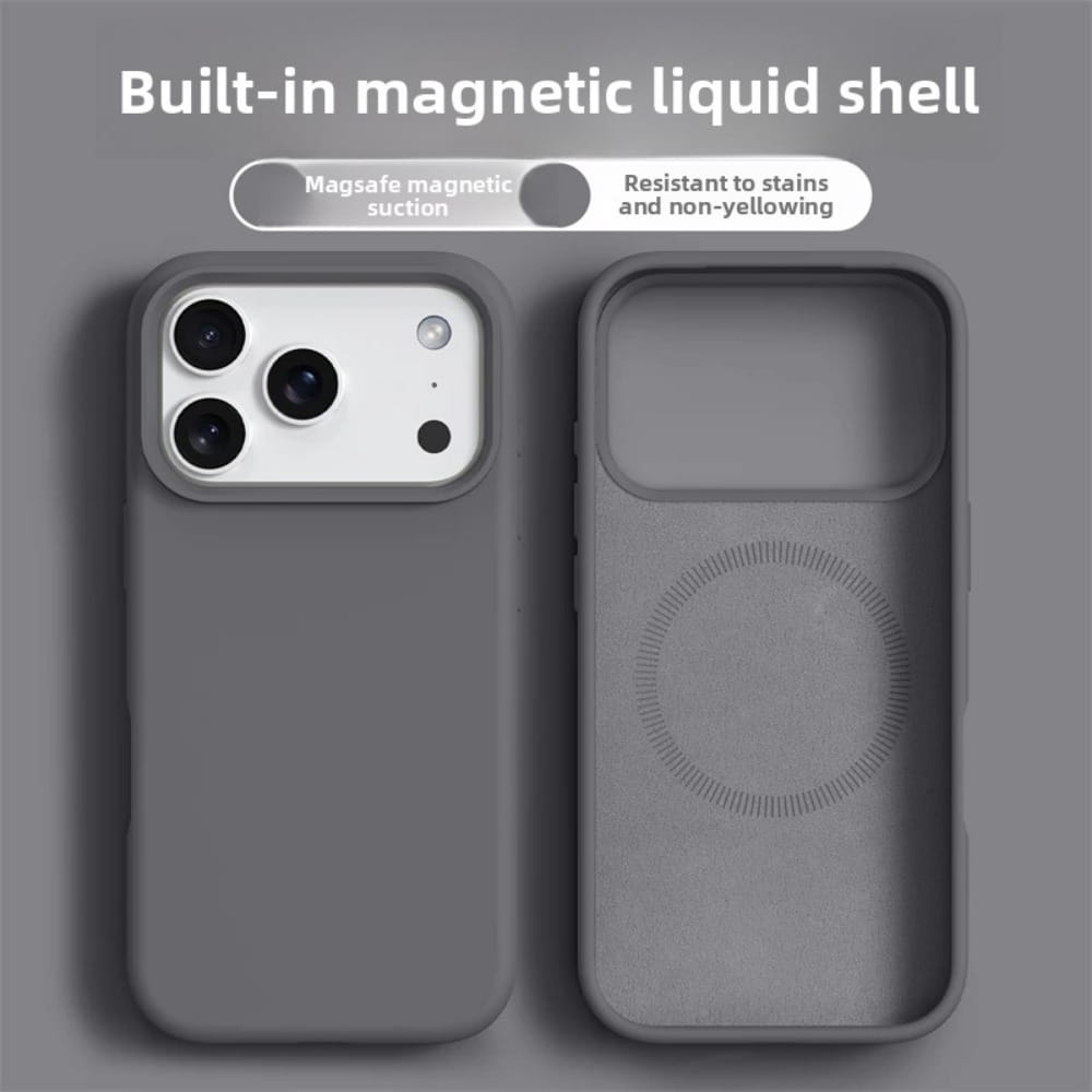 iPhone 17 Pro Max向けの、MagSafe対応の内蔵磁性液シェルを備えたグレーのシリコーン携帯ケース（背面からの表示）。
