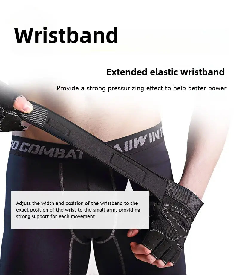 Black extended elastic wristband with adjustable straps for secure fit and support during workouts shown on the back side of weightlifting gloves with wrist wrap.