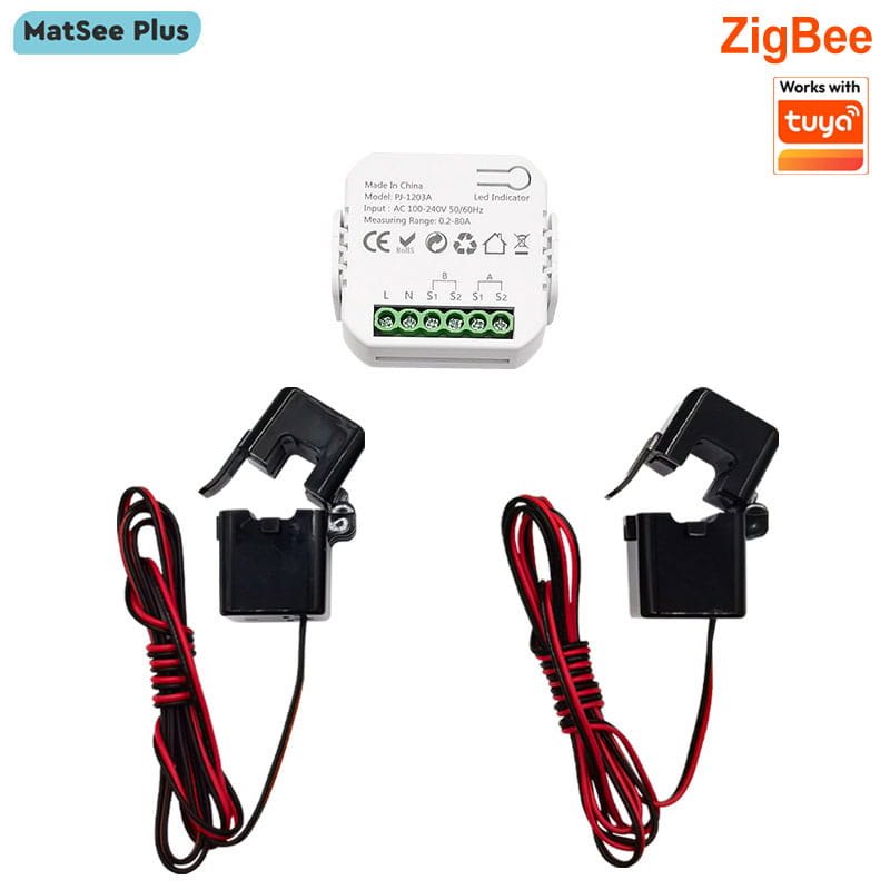 Ein weißes rechteckiges Matsee Plus Pi-L203A Smart-Stromzählergerät mit grünen Klemmenleisten und schwarzen Stromsensoren, verbunden durch rote und schwarze Drähte in einem Zigbee-Energieüberwachungs-Bidirektionalen Smart-Power-Meter.
