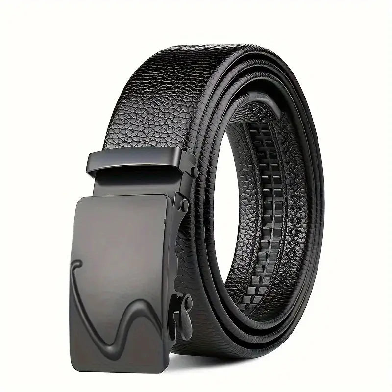Ceinture en cuir pour homme à boucle automatique, noire, avec boucle automatique noire mate présentant un motif ondulée en relief.