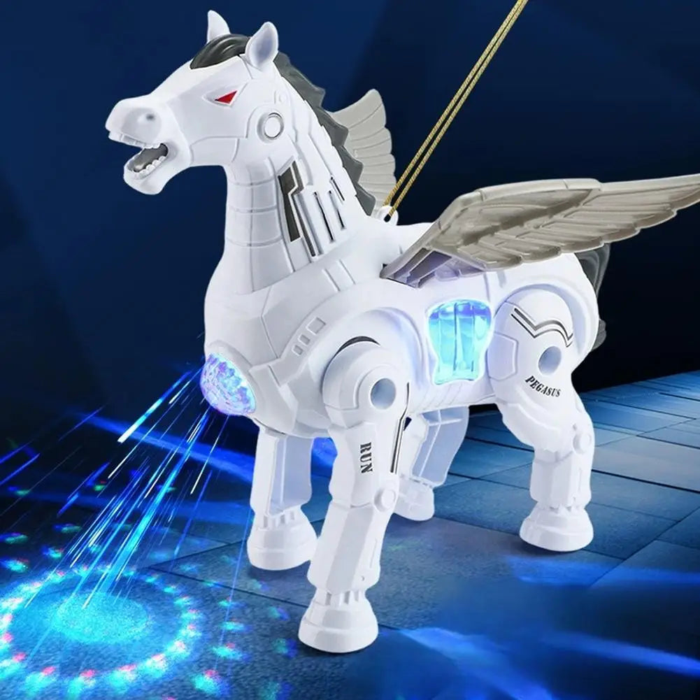 Interactive robotic walking pegasus toy white with glowing blue lights and metallic wings.