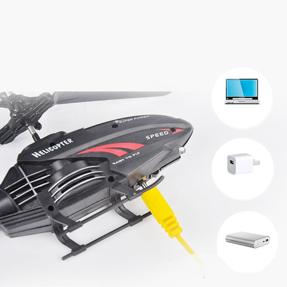 Black and red flying helicopter toy with super power and speed branding featuring a yellow USB charging cable plugged into its side