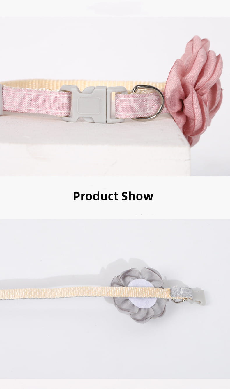 Rosa blumiges Hundehalsband mit beigem Webband und silberner Schnalle mit Camellia-Blumendesign, verstellbar für Katzen und Hunde