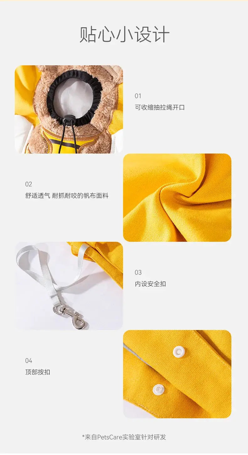 bright yellow soft fleece-lined pet hoodie with black drawstring hood and white snap buttons featured with a small dog cat canvas carrier bag with cartoon animal print and mouth length suitable for convenient pet transport.