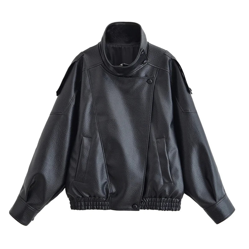 Black faux leather moto jacket for women with a high collar and elastic cuffs.