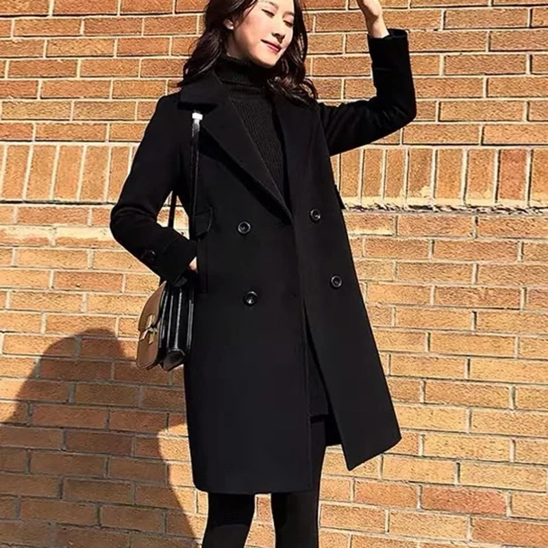 Women Autumn Winter Black Woolen Coat Female Suit Collar Korean Fashion Wool Blend Overcoat Mid Length Add Cotton Warm Jacket