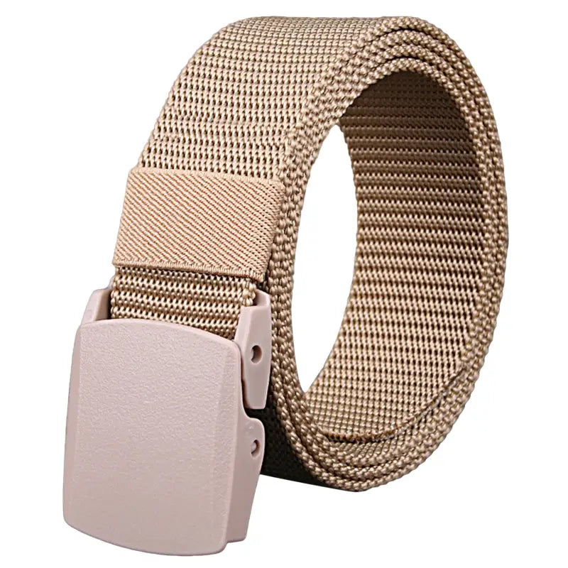 Mens tactical canvas belt in tan with lightweight automatic beige matte plastic buckle for durable and practical use.