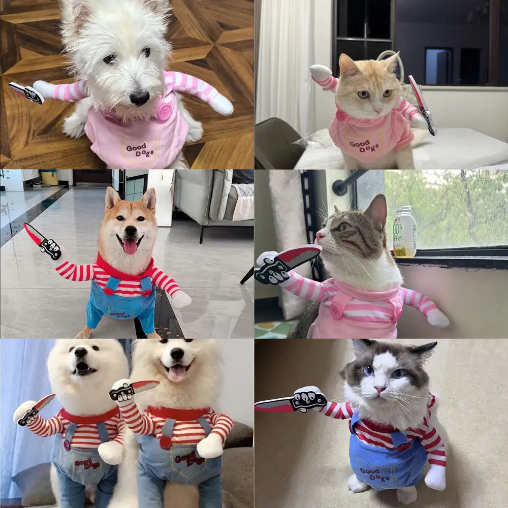小型から中型の犬や猫向けのコスプレ衣装に適した、小型から中型の犬または猫が着用する、前面にグッドドッグがプリントされたピンクと白の縞模様のコスプレ用シャツ。