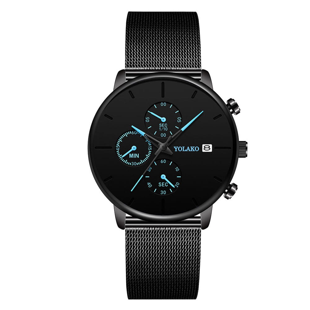 Montre chronographe ultrafine noire Yolako pour hommes, avec des aiguilles éclairées en bleu et un bracelet en maille.