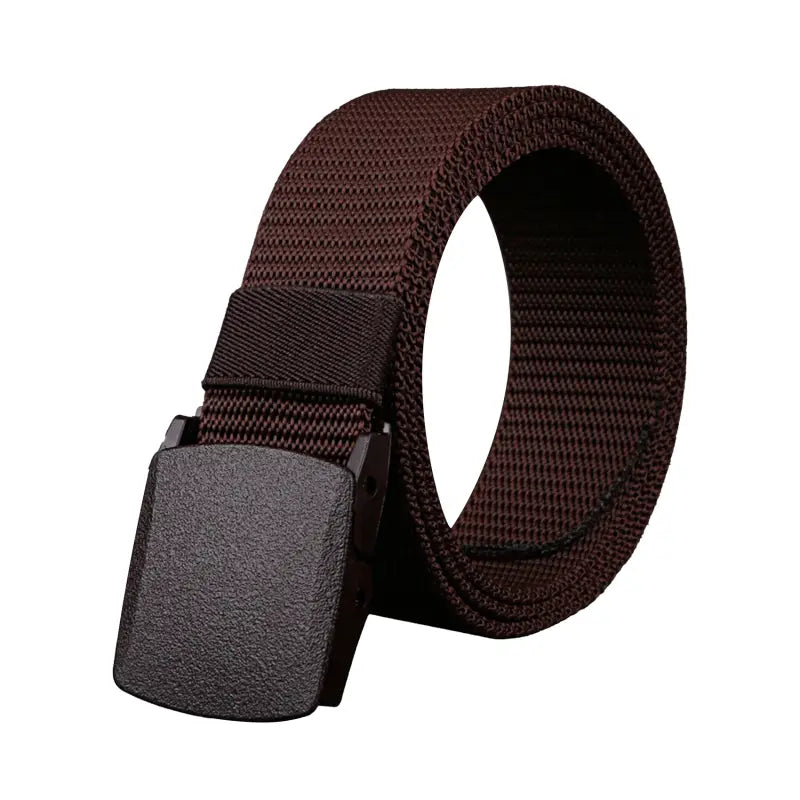 Dark brown woven canvas mens tactical belt featuring a lightweight matte black textured automatic buckle.