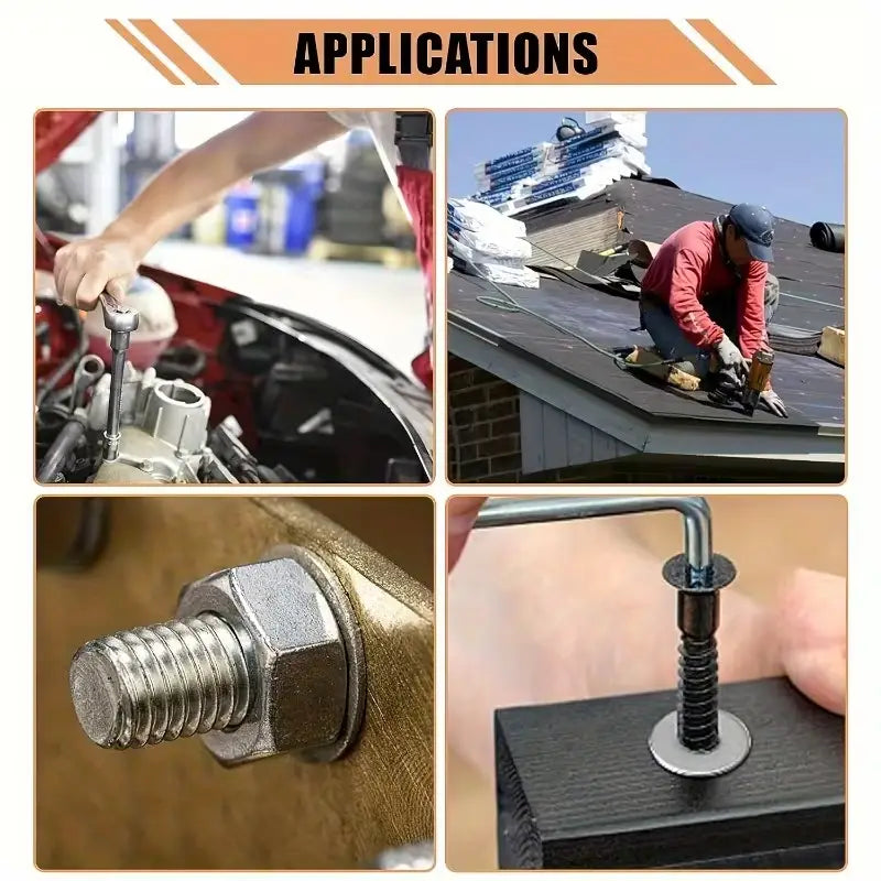 Silver hexagonal stainless steel bolt with threaded shaft and matching nut shown in close-up detail against a metallic surface from a stainless steel flat washer assorted kit 1250pcs.