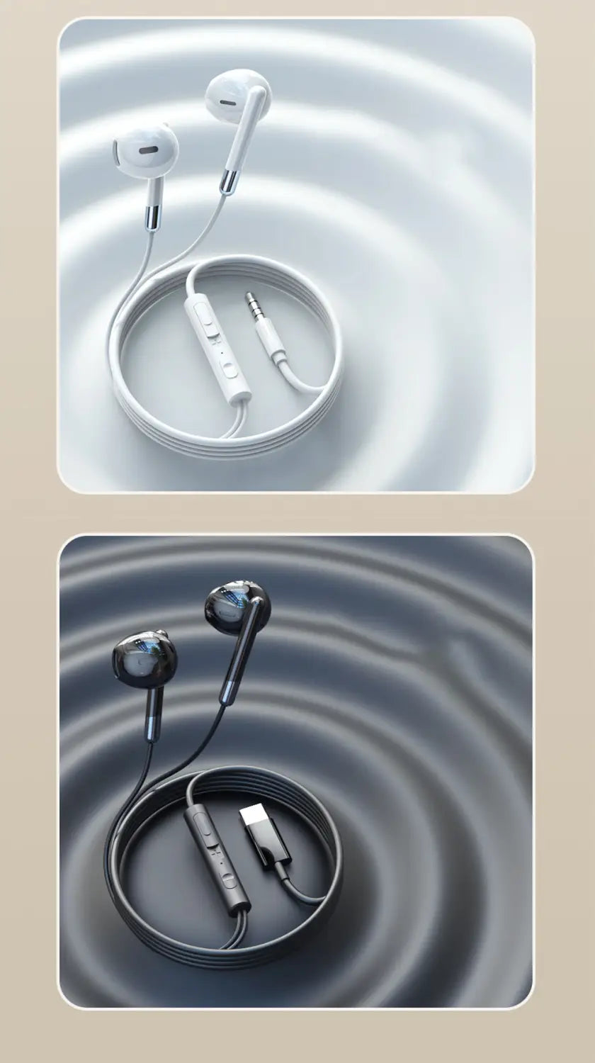 white and black wired in-ear headphones with volume control, inline controls, and usb-c connector for high-quality audio and easy device compatibility