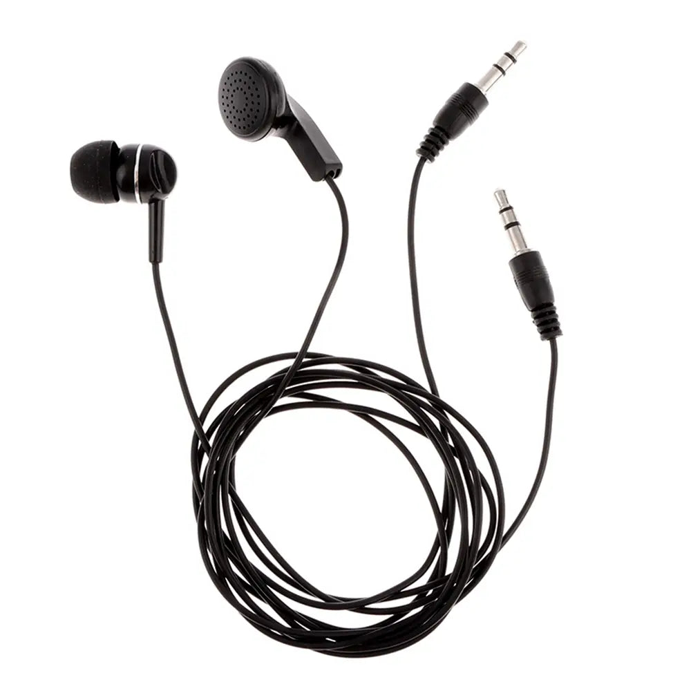 Écouteurs filaires noirs avec embouts auriculaires en silicone souple et câble spiralé, avec double jacks audio 3,5 mm, conçus pour un usage confortable avec les appareils mp3 mp4.