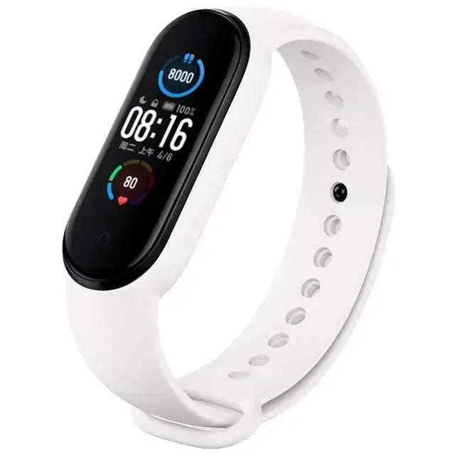 White silicone band xiaomi mi band fitness tracker wristband silicone bracelet with black rectangular screen displaying time steps and heart rate.