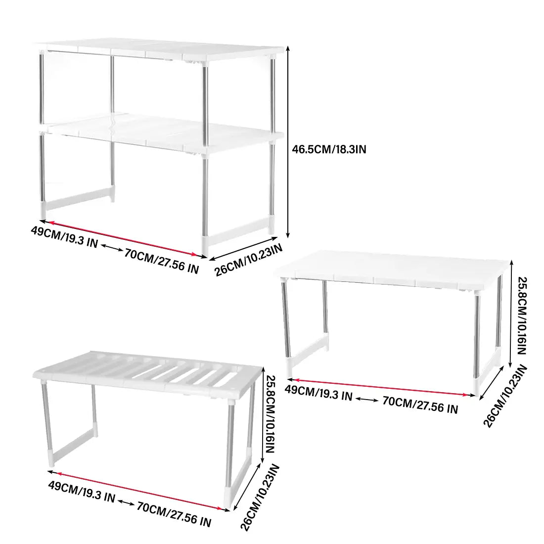 Étagère-organisateur de rangement pour comptoir de cuisine en plastique blanc et en métal, avec trois configurations pour servir de support de rangement et de support de rangement polyvalent.