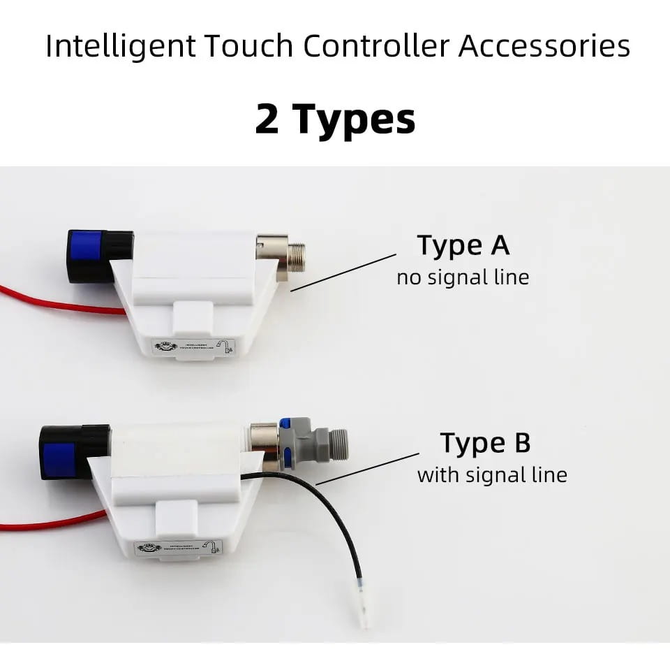Zubehörteile aus weißem Kunststoff für intelligente Touch-Steuergeräte als Ersatzteil für den Batteriekasten des Küchenarmaturensensors, mit einem schwarzen rechteckigen Knopf und metallischen Gewindeverbindern vom Typ A ohne Signalleitung sowie vom Typ B mit einem