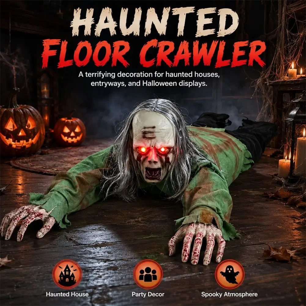 Animiertes kriechendes Zombie-Halloween-Prop mit Sound und Lichtern, mit einem unheimlichen Bodenkrauler mit leuchtenden Augen, grau-weißem Hautbild und einem zerrissenen grünen Gewand.