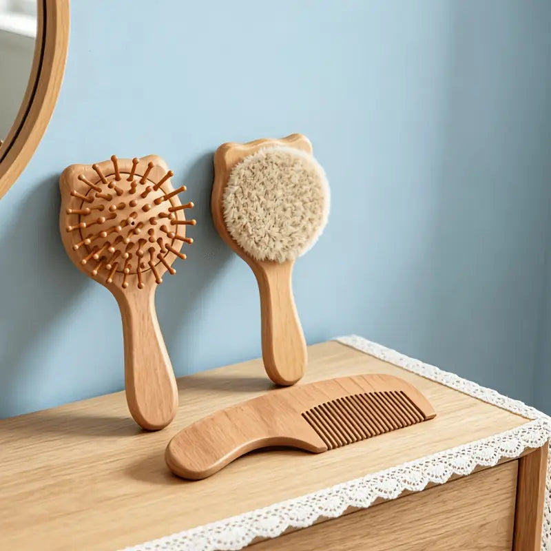A pair of light wood cat-shaped hairbrushes including one with bristles and one with a soft fluffy brush head from the baby wooden grooming set and healthcare kit.