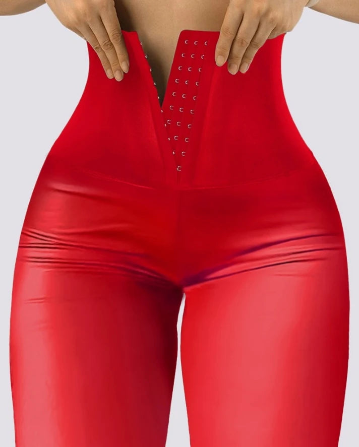 Women's Pants 2024 Spring Fashion Hook Front Liquid Gloss Sauna Sweat Pu Leather High Waist Casual Skinny Daily Long Leggings