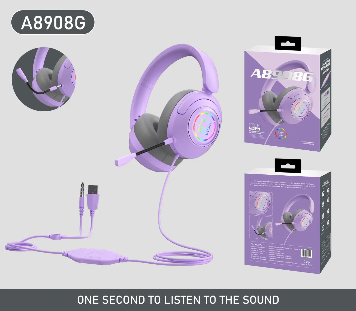 Auriculares para videojuegos morados con iluminación RGB, copas acolchadas, diadema ajustable y micrófono desmontable como característica principal para una experiencia de juego mejorada, con conexión de auriculares originales con cable.