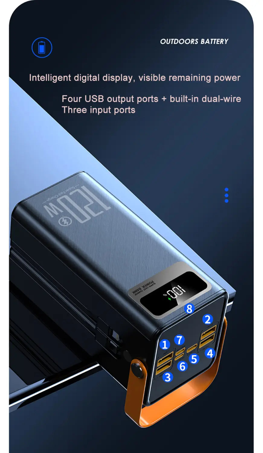 Power bank portátil rectangular negro de 60000 mAh y 120 W con linterna LED, que incluye una pantalla digital, cuatro puertos de salida USB y tres puertos de entrada, incluido ingreso micro de 5 V/2 A; ideal para uso en exteriores.