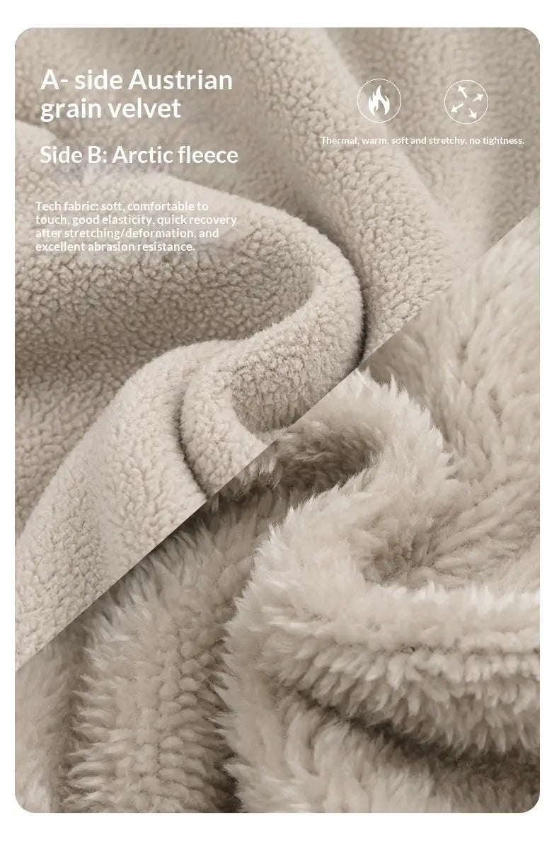 Une couverture moelleuse et douce en gris, dont un côté est en velours à grain autrichien et l’autre en polaire arctique, illustrée avec des pantalons de survêtement d’hiver décontractés pour hommes doublés en polaire.