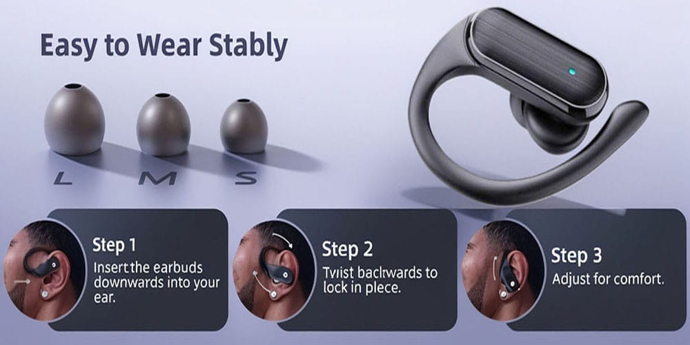 Black wireless earhook earbuds with a sleek curved hook design and matte finish featuring hd stereo sound and Bluetooth 5.0 connectivity.