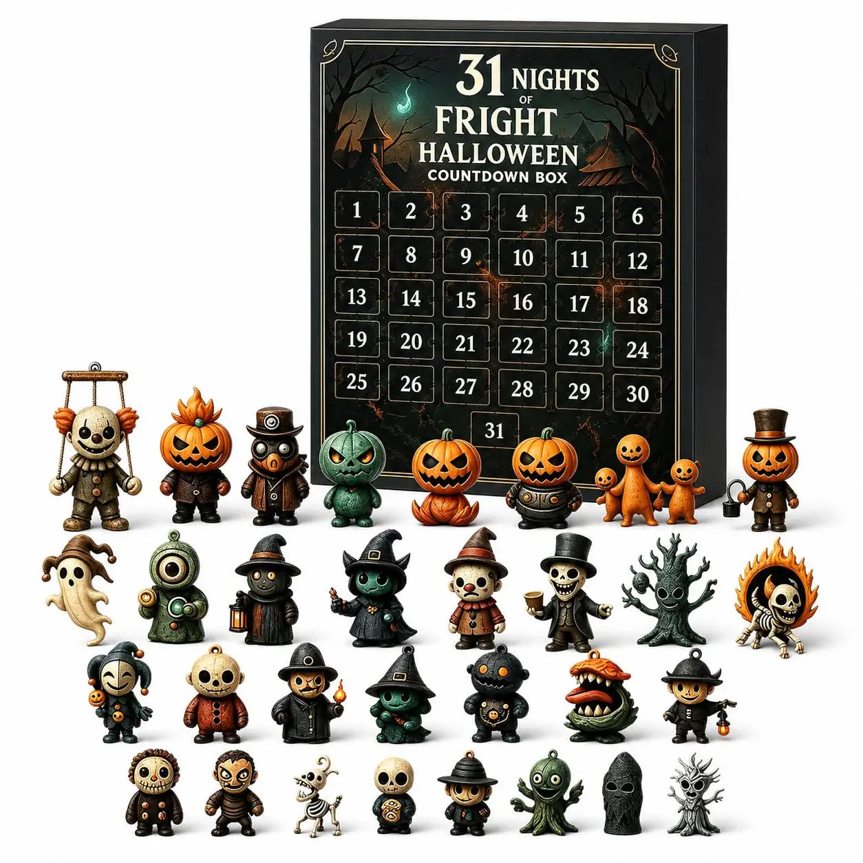 black halloween advent calendar box with 31 numbered compartments and spooky illustrations surrounded by a collection of mini spooky figurines in various costumes for halloween advent use