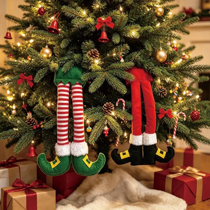 New Christmas Door Decoration With Bow Christmas Tree Santa Claus And Elf Leg Ornament Holiday Home Scene Decor