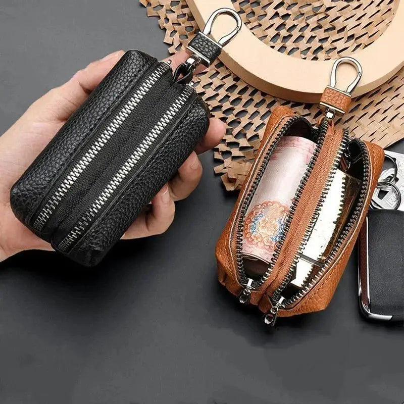 Leather Car Key Wallet Double Zipper Fashion 1Pcs Slim Key Holder Keychain Case Perfect for Travel Commute