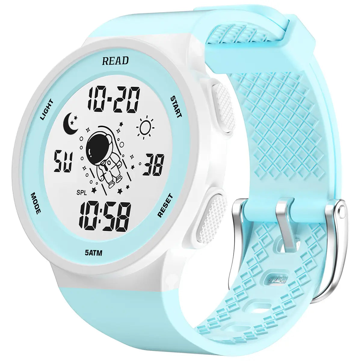 Light blue and white women digital led watch with a cartoon astronaut design on the face featuring waterproof silicone material for sport use.