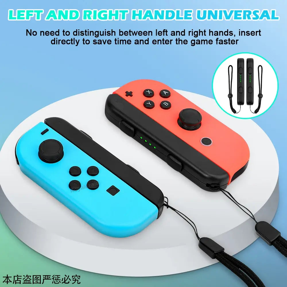 Par de controladores de reemplazo de cuerda para la mano con correa para la muñeca para Nintendo Switch Joy-Con en vibrante azul y naranja brillante, con empuñaduras ergonómicas negras y distribución estándar de botones.