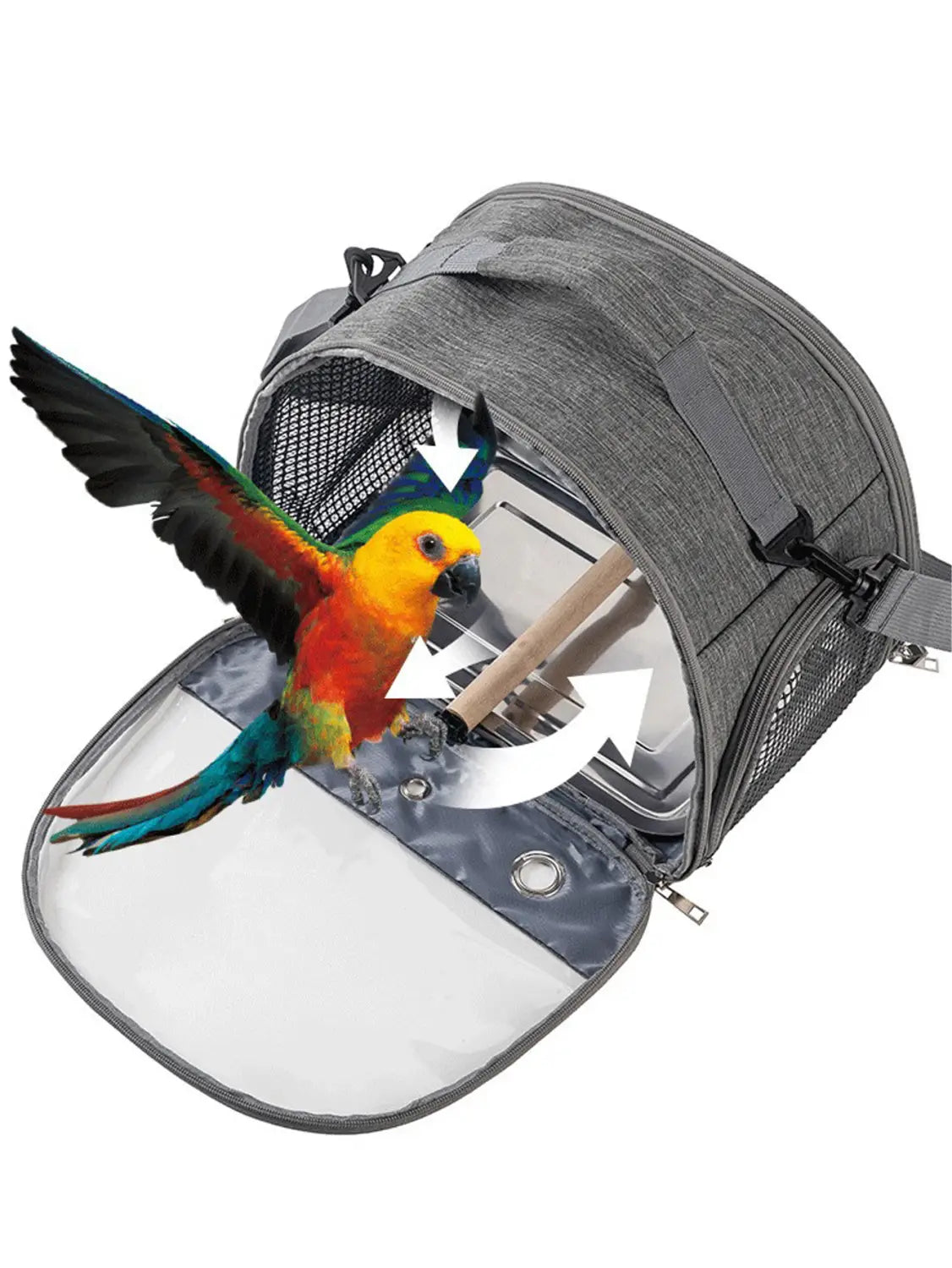 Gray mesh portable pet backpack with transparent front panel and adjustable straps for comfortable carrying.