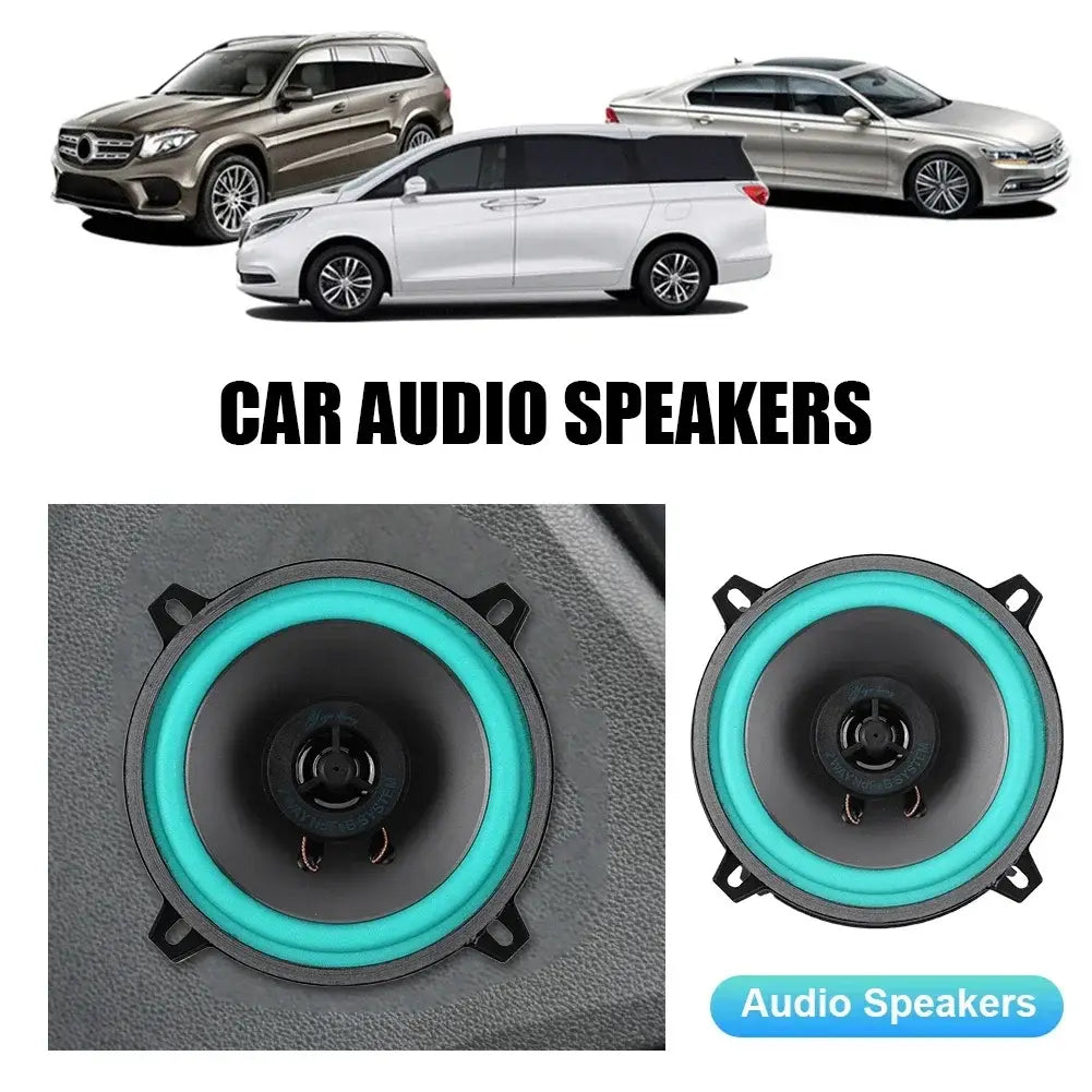 Teal and black car speakers with a circular design for universal hifi coaxial subwoofer audio stereo system.