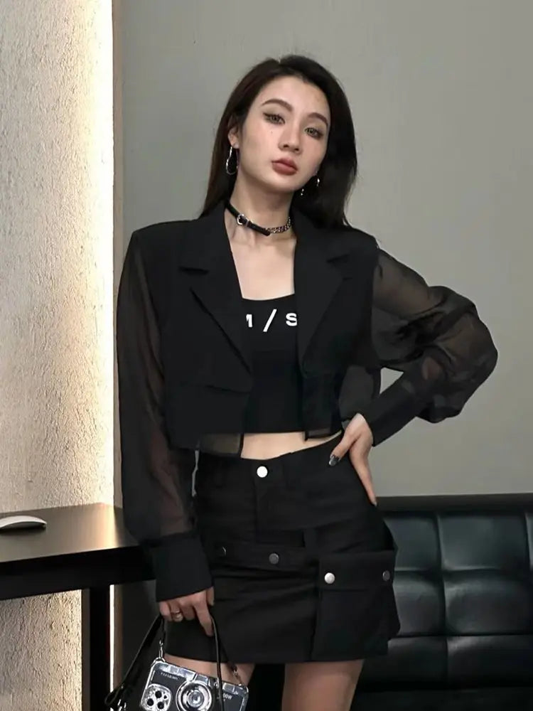 See Through Blazers Women Crops Korean Style Sun-proof Office Ladies Temperament High Street Fashion Summer Breathable Notched