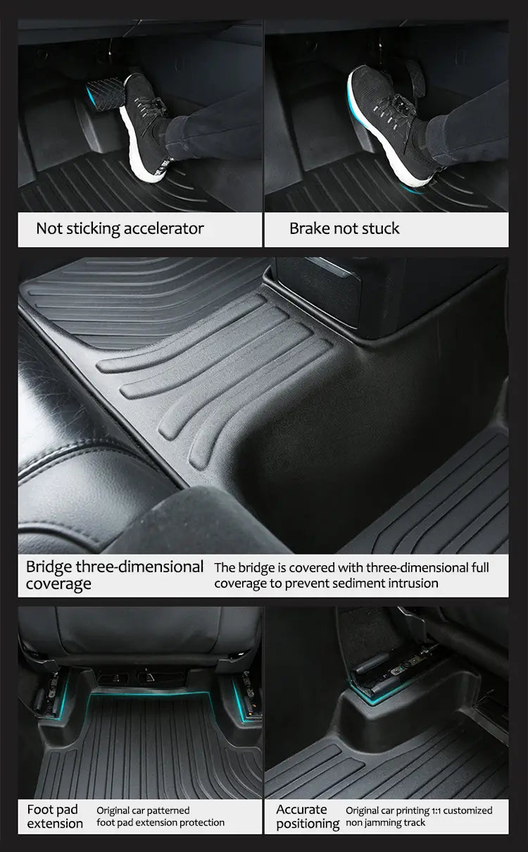 tapetes de piso para automóvil de goma negra con diseño texturizado tridimensional e iluminación de acento color verde azulado a lo largo de los bordes para los modelos Landian e5 2023-2026
