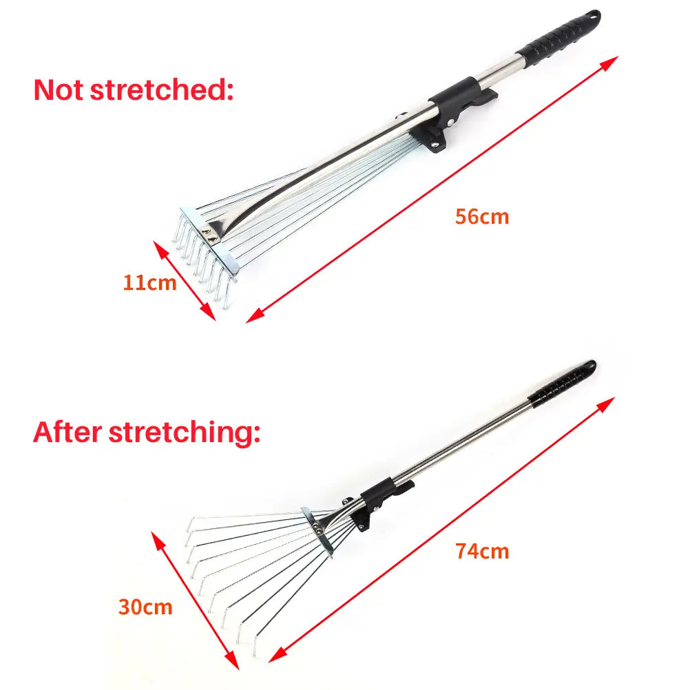 garden leaf rake with telescopic handle design featuring a black ergonomic handle and silver metal tines shown in compact and extended telescopic handle configurations.