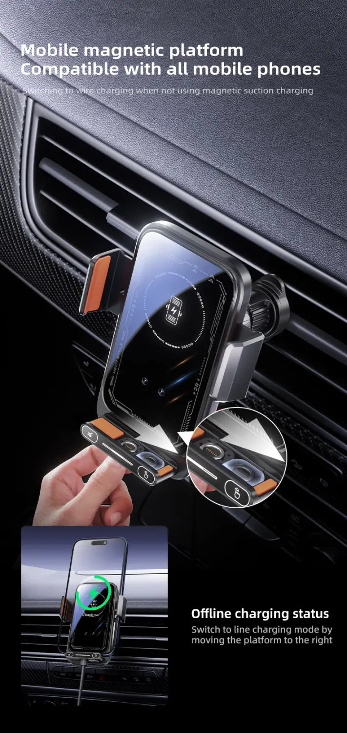 Black and orange magnetic wireless car phone charger mount 15w with adjustable arms for secure holding in a car air vent.