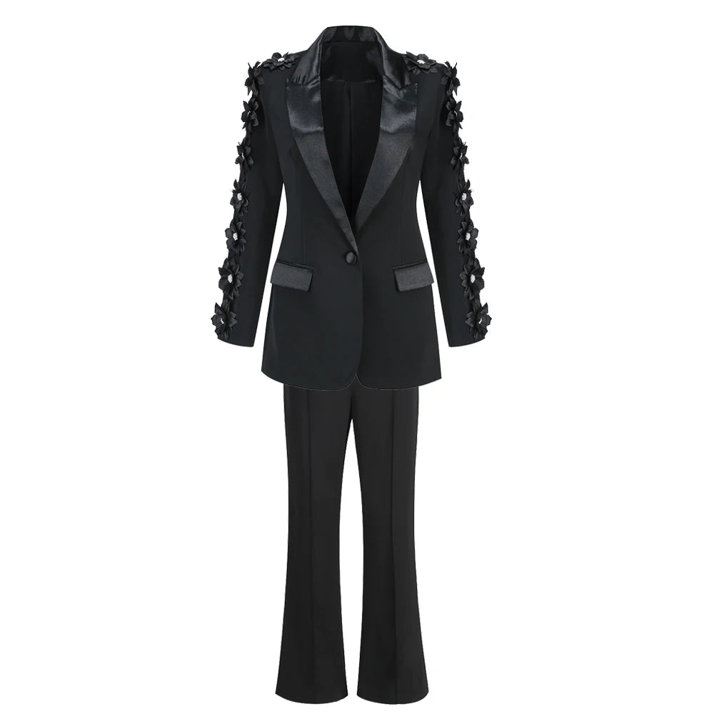 New Autumn Formal Suit Set Female Clothes ,Slim Fit Floral 3D Flower Collar , Womens Sets Two Piece Pants Suit