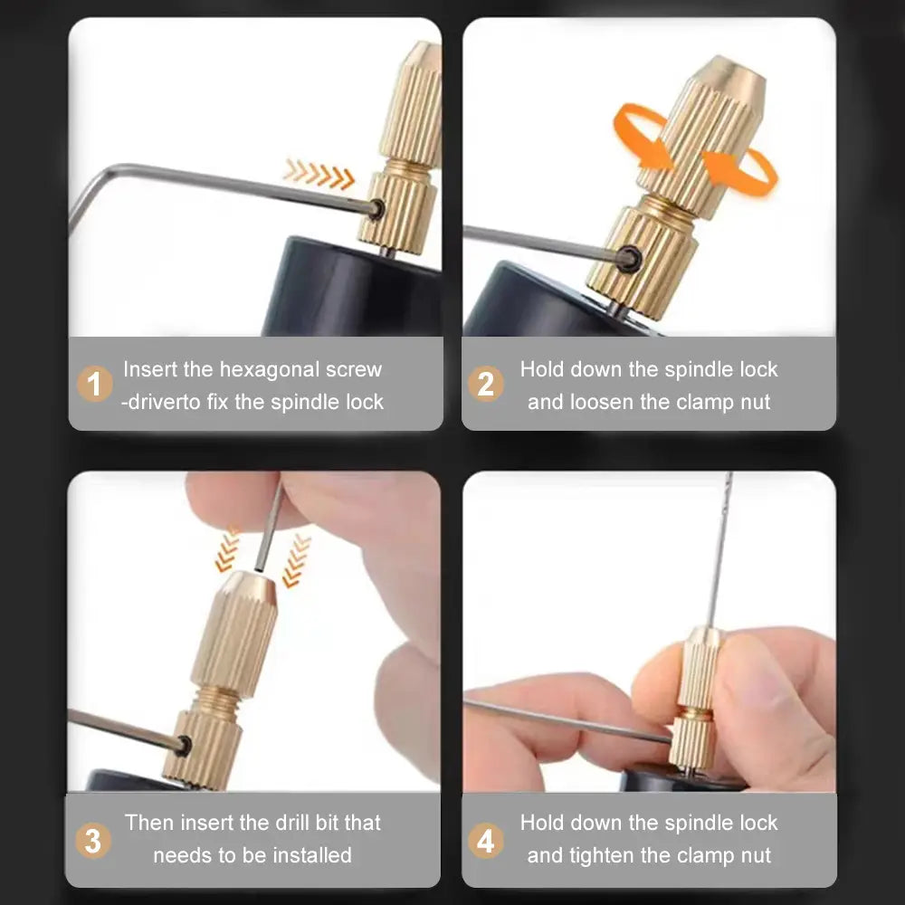 gold-colored brass drill bit holder with hexagonal screw and clamp nut for securing bits in a mini electric handheld drill for diy resin jewelry crafts