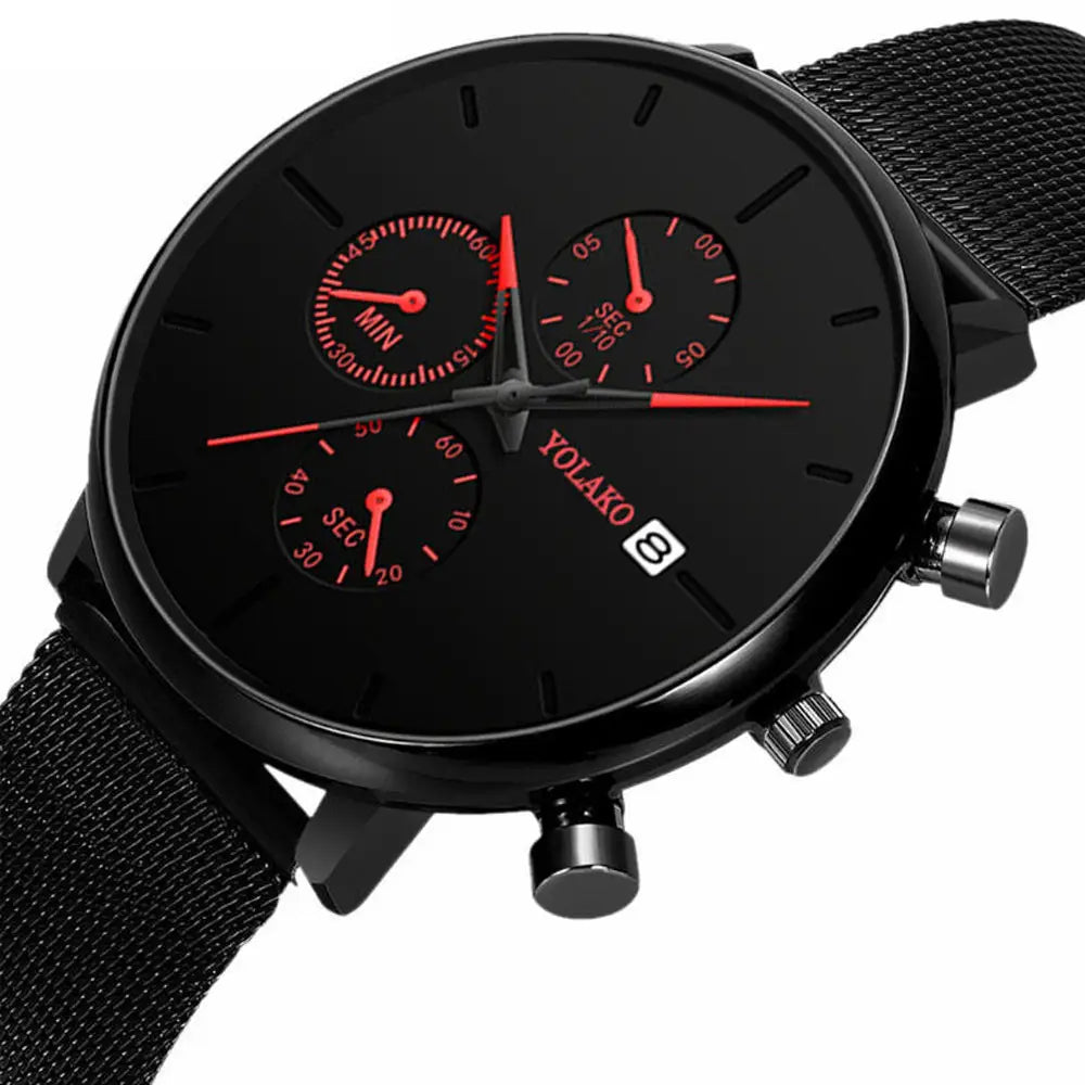 Montre à quartz chronographe ultrafine noire pour hommes, avec des accents rouges et une sangle en maille noire.
