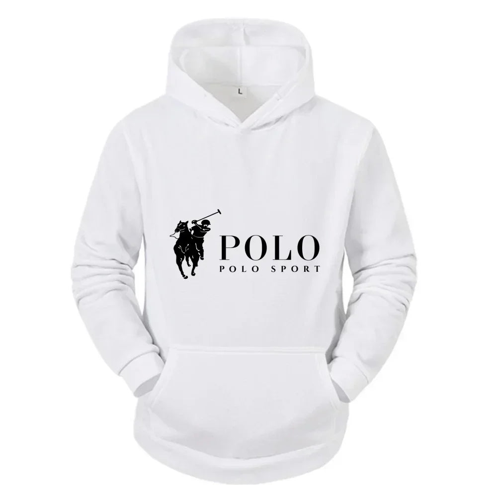 White polo sport logo hoodie fleece pullover featuring a black polo player logo and text on the chest.