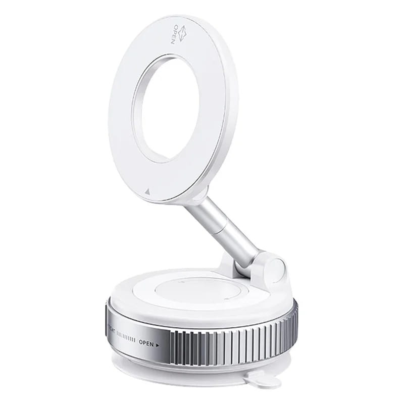 white circular magnifying lamp with silver adjustable arm and textured grip base shown alongside a magnetic car phone mount 360 dashboard holder
