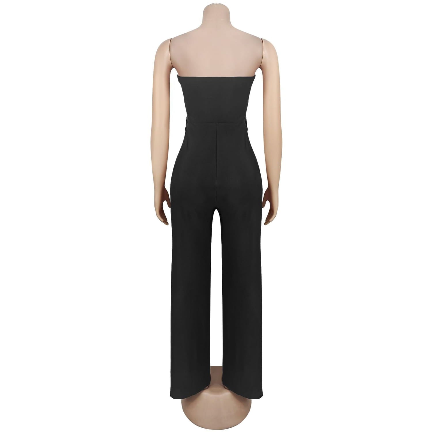 Schwarzer ärmelloser Satin-Jumpsuit mit tailliertem Oberteil und weitem Bein sowie Hose mit hohem Beinschlitz.