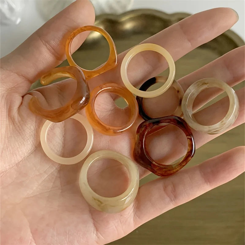 9-piece Bohemian retro style resin material multi-color ring, fashionable and elegant for women, can be stacked and worn