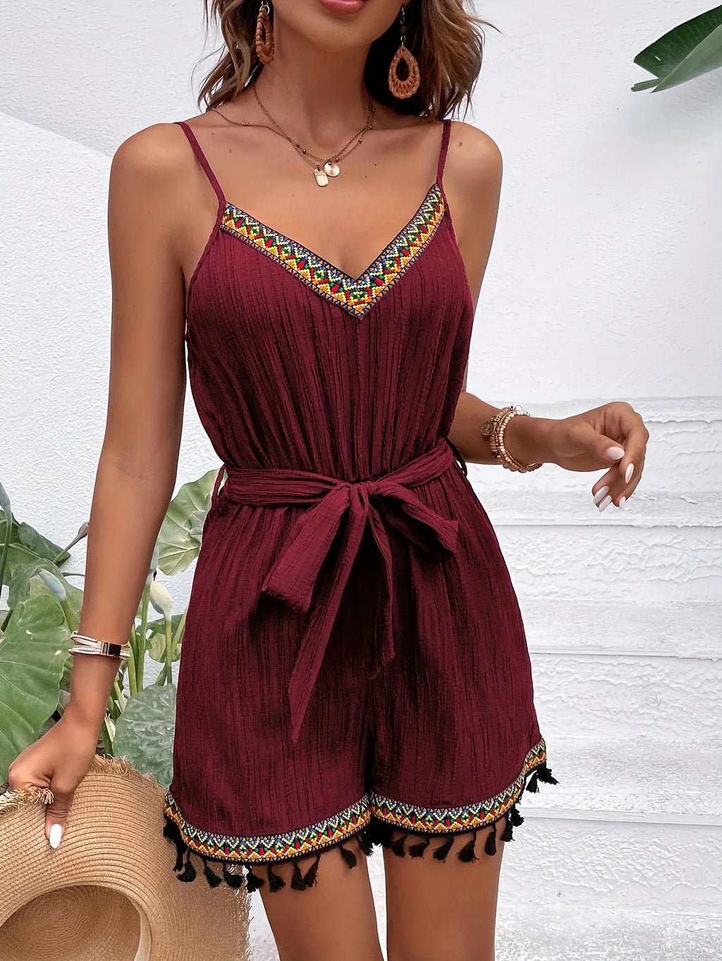 Ethnic Colorful Tassel Trim Texture Pure Color Strap Jumpsuit And Belt Short Pants One-Piece Suit with National Style Details