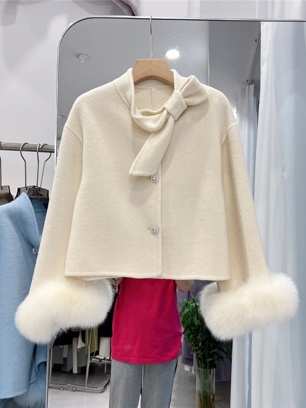 Women's Autumn Winter Elegant Bow Collar Long Sleeve Wool Short Jacket Lady Solid Color Fox Fur Cuffs Loose Wool Outwear Top