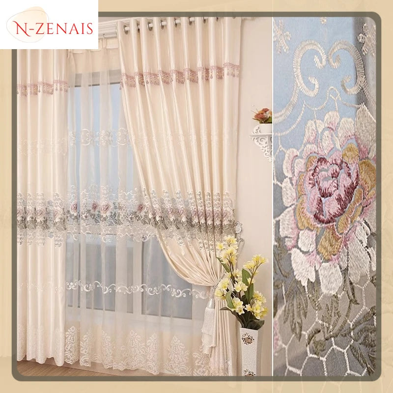 Embroidered Yarn Luxury Curtains for Living Dining Room Bedroom Semi Blackout Hollowed-out Pastoral Fashion Jacquard Custom