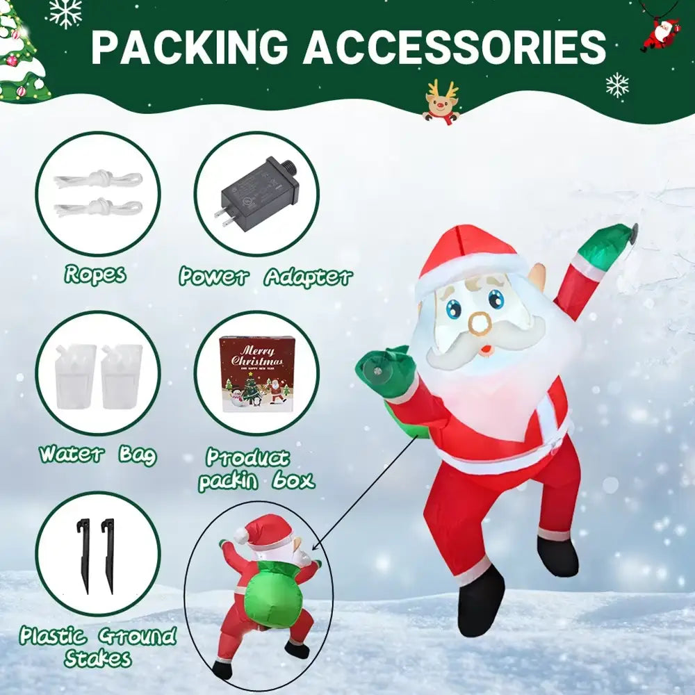 inflatable dabbing santa claus yard decoration with red and white suit green gloves black boots and a glowing face standing outdoors.